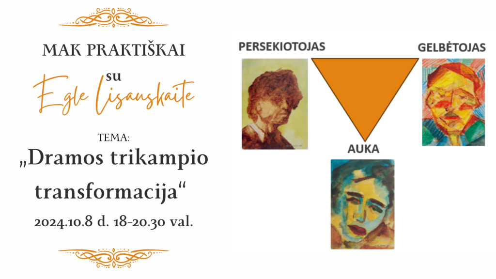 Kaip transformuoti neigiamus Aukos, Gelbėtojo ir Persekiotojo vaidmenis?“

Dramos trikampis (aut. S. Karpmanas) atspindi santykių modelį, kuriame mes prisiimame vieną iš trijų vaidmenų - Aukos, Gelbėtojo ir Persekiotojo. Skirtingu laiku, skirtingomis aplinkybėmis, bendraudami su skirtingais žmonėmis, mes esame linkę labiau prisiimti vieną iš kažkurių vaidmenų. Visi šie vaidmenys turi jiems būdingų ir pasikartojančių jausenos, mąstysenos ir elgsenos modelių. Liūdnoji Dramos trikampio dalis yra ta, jog visi šiuose santykiuose esantys žmonės pralaimi, nėra nei vieno laimėtojo.

Taigi, ką daryti? Kaip išeiti iš nesveikų Dramos trikampio santykių? Pirmas žingsnis - sąmoningumas. Suvokimas, jog jau esame Dramos trikampio santykiuose ir prisiimame vieną iš kažkurių vaidmenų. Sekantys žingsniai - visų vaidmenų transformacijos. Vietoj Aukos vaidmens - žmogus, įvardinantis savo jaučiamus jausmus ir nebijantis imtis atsakomybės veikti. Vietoj Gelbėtojo vaidmens - žmogus, suvokiantis, kur baigiasi jo ir prasideda kito žmogaus atsakomybė, aiškiai brėžiantis ribas. Vietoj Persekiotojo vaidmens - žmogus, pripažįstantis kito žmogaus vertę bei gebėjimus veikti geriausiu, kokiu tik gali tuo metu, būdu, o klaidas ir nesėkmes pripažįstantis, kaip galimybę mokytis.

Šį kartą MAK PRAKTIŠKAI seminare kviečiame Jus pirmiausiai pasižiūrėti į save, patyrinėti savo jausmus, mintis bei elgesį ir suprasti, kuris iš Dramos trikampio vaidmenų mums yra labiausiai būdingas. Kurį mes dažniausiai prisiimame santykiuose su kitais žmonėmis? Kaip mes galime mums nenaudingą vaidmenį transformuoti, paversti mums naudingu? Seminaro metu naudosime mums jau pažįstamus portretinius kortelių rinkinius „PERSONA“, „PERSONITA“, o taip pat ir SAGA bei MYTHOS metaforines asociatyvines korteles, kuriose yra gausu įvairiausių simbolių bei perkeltinių reikšmių.

Šiame, į PRAKTIKĄ orientuotame NUOTOLINIAME, seminare galėsite praktiškai išbandyti korteles ir:
trumpai sužinoti, kas yra Dramos trikampis bei kokie yra jame esantys Aukos, Gelbėtojo ir Persekiotojo vaidmenys;
kurti savo vidinį Dramos trikampį bei tyrinėti savo vidinių Aukos, Gelbėtojo ir Persekiotojo vaidmenų įvairius aspektus;
ieškoti būdų, kaip transformuoti neigiamus Aukos, Gelbėtojo ir Persekiotojo aspektus į teigiamus, mums naudingus aspektus.
MAK PRAKTIŠKAI SKIRTA JUMS, JEI:
esate specialistai, dirbantys su žmonėmis: psichologai, psichoterapeutai, konsultantai, mokytojai, socialiniai darbuotojai ir kiti specialistai, norintys praplėsti bei papildyti profesinių įrankių „dėžutę“;
domitės metaforinėmis asociatyvinėmis kortelėmis;
norite drąsiau korteles naudoti savo asmeniniame ir/ar profesiniame gyvenime.

Kas yra MAK PRAKTIŠKAI? 
MAK PRAKTIŠKAI – tai vieta, kur galime:
mokytis metaforinių asociatyvinių kortelių (MAK) meno ir mokslo;
saugiai praktikuotis, treniruotis tarpusavyje;
eksperimentuoti kurdami naujus MAK pratimus, juos bandyti ir testuoti; 
teikti grįžtamąjį ryšį vieni kitiems;
mokytis, augti ir tobulėti kartu, kaip MAK praktikės ir praktikai. 

KAIP GIMĖ ŠI MINTIS?
„Ši idėja gimė iš mano pačios patirties – aš puikiai pamenu savo metaforinių asociatyvinių kortelių praktikės savarankiško kelio pradžią 2018 metais. Kai, baigusi bazinius mokymus, pradėjau pirmuosius savarankiškus žingsnius. Su daug nerimo, baimės ir nežinojimo – ką aš moku ir galiu, o ko – dar ne. Nors dar ir šiandien susiduriu su savo baimėmis ir nežinojimu, tačiau metaforinių asociatyvinių kortelių keliu žingsniuoju kur kas drąsiau. Aš jau užtikrinčiau jaučiu ir žinau, ką aš moku ir galiu, o ko – vis dar ne. O viso to pagrindas – praktika, praktika ir dar kartą praktika. Kartu su refleksija – kas man pavyko, o kas galėjo būti geriau?

Ši idėja gimė ir iš Jūsų MAK praktikos poreikio. Taip pat kartu su Jūsų padrąsinimu, palaikymu ir paskatinimu imtis tokių užsiėmimų.“

SEMINARĄ VEDA:
EGLĖ LISAUSKAITĖ – asmeninių pokyčių koučingo specialistė, lektorė, sertifikuota metaforinių asociatyvinių kortelių praktikė.

KADA? 2024 m. spalio 8 d., 18-20.30 val. (2,5 val.)
KAIP? Zoom’e. Seminaras vyks „gyvai“, t.y. nebus įrašomas.
KIEK? 35 eurai.
Bilietai: https://tickets.paysera.com/lt/event/mak-praktiskai-dramos-trikampio-transformacija
REGISTRUOKITĖS https://bit.ly/483kLmh
Jūsų registraciją patvirtinsime bei prisijungimo nuorodą Zoom’e seminaro dieną atsiųsime gavę pilną apmokėjimą.
Registracijos pabaiga spalio 7 d. (imtinai).
Seminaro dalyvėms/-iams gali būti išduoti pažymėjimai (pažymėkite, jog Jums yra reikalingas pažymėjimas registruodamiesi į šį seminarą). Taip gali būti išrašyta sąskaita-faktūra (poreikiui esant).
JEI REIKIA DAUGIAU INFO: Eglė 8 686 60092.


*makete - metaforinės asociatyvinės OH kortelės iš rinkinio „Persona“.